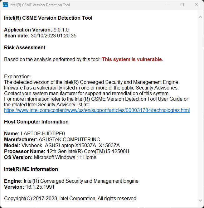 Intel® Converged Security and Management Engine Version Detection Tool scan results